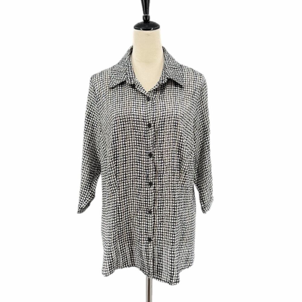 Hagara Sz 2 Houndstooth Black White Button Up Collared 3/4 Sleeve Blouse Top